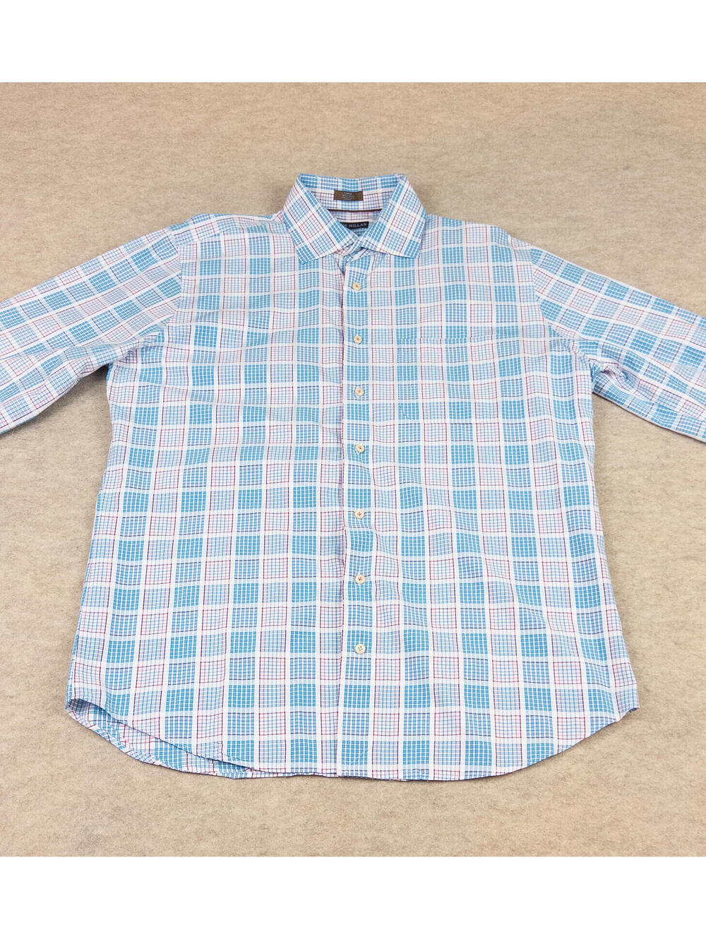 Peter Millar Men's Large Blue and White Plaid Cotton Button-Up Shirt